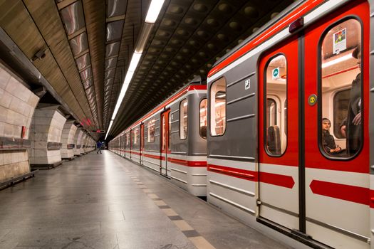 Prague, Czech Republic - March 19, 2017: A train arriving at the Museum metro station