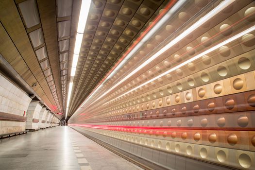 Prague, Czech Republic - March 20, 2017: A train passing by at Muzeum metro station