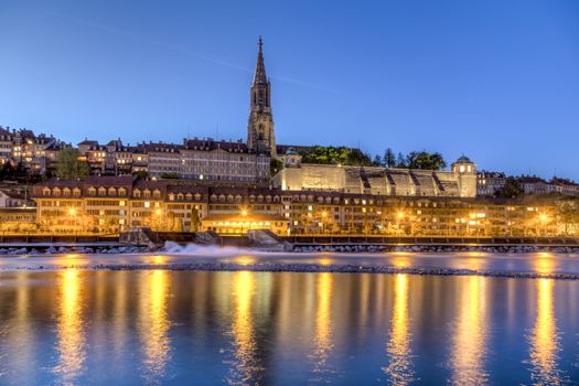 Berne, Switzerland - April 13, 2007: Night view of the historic city centre and the Aare River.