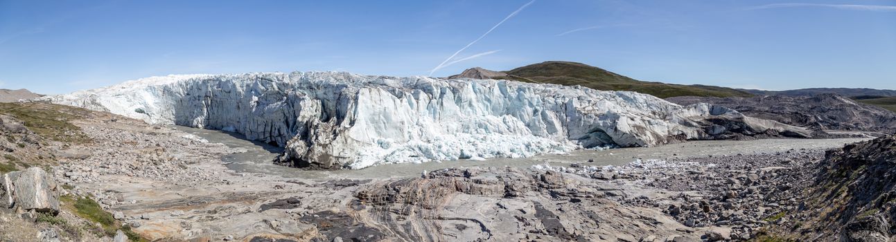 Kangerlussuaq, Greenland - July 13, 2018: Panoramic View of Russell Glacier 25 km east of Kagerlussuaq.
