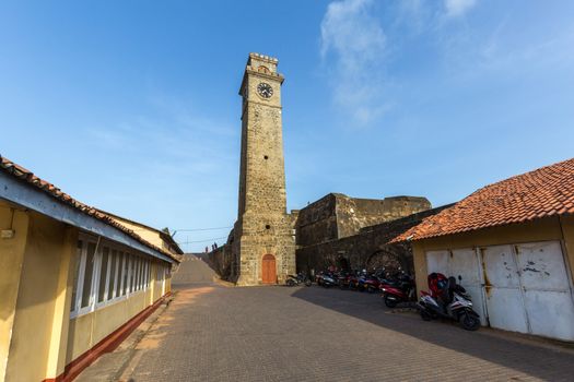 Galle Fort, Sri Lanka - July 29, 2018: The Clock Tower, a popular landmark inside the historical Dutch Fort