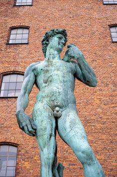 Copenhagen, Denmark - February 7, 2020: Replica of Michelangelo's David statue outside The Royal Cast Collection building on Langelinie Promenade.