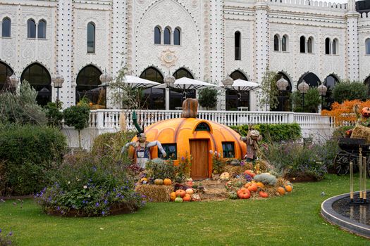 Copenhagen, Denmark - October 24, 2020: Halloween decorations at Tivoli Gardens.