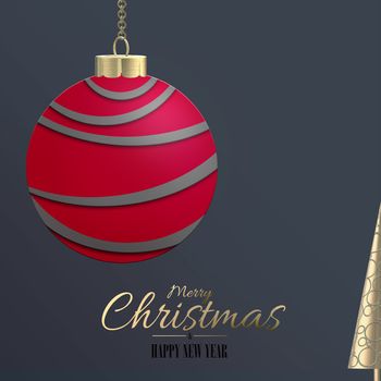 Minimalist abstract Christmas design with red Xmas ball, bauble, golden Xmas tree on grey background. 3D illustration