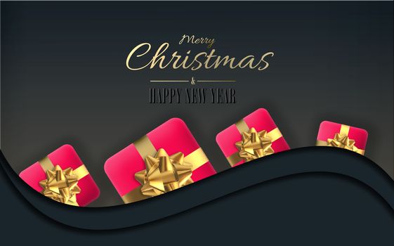 Christmas party invitation in red pink with Xmas realistic gift boxes with golde bow on curve black background. Text Merry Christmas Happy New Year. 3D render. Copy space. Invitation festive card
