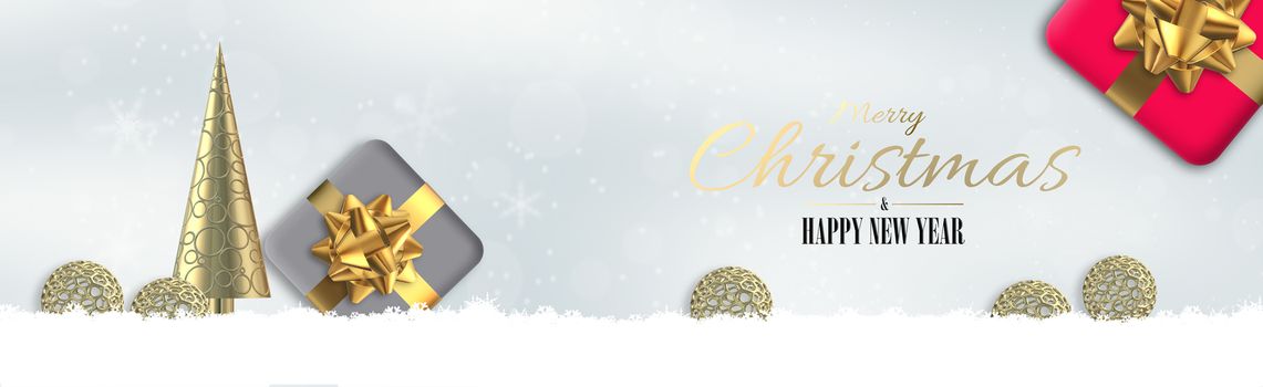 Elegant Christmas banner design with snowflakes, snow, red pink grey 3D gift boxes on pastel grey white background. 3D render. Text Merry Christmas Happy New Year. Beautiful abstract Xmas invitation