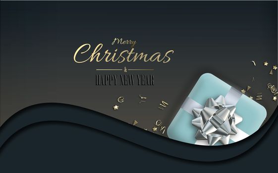 Christmas party invitation in black blue colours with realistic blue Xmas gift box with silver bow over curve black. Text Merry Christmas Happy New Year. 3D render. Copy space. Invitation festive card