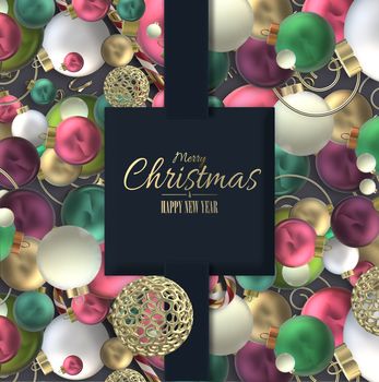 Modern luxury abstract Christmas ornament with 3D realistic pink red white balls baubles, Xmas gift tag with text Merry Christmas Happy New Year. Beautiful Xmas invitation. 3D render