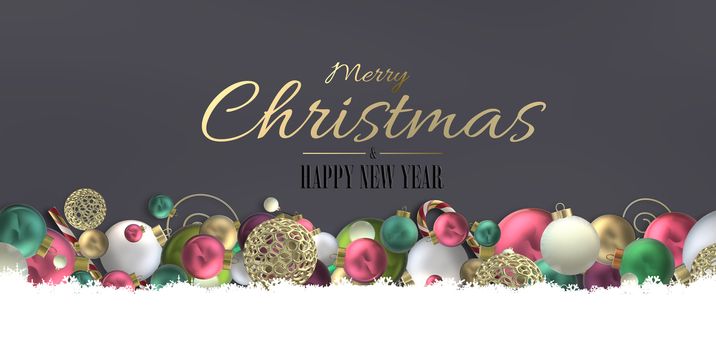 Horizontal Xmas background banner on dark grey with Christmas symbol 3D realistic shiny red green gold balls on grey brown background. Text Merry Christmas Happy New Year. Holiday design in 3D render