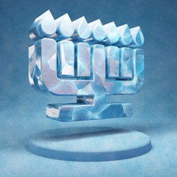 Menorah icon. Cracked blue Ice Menorah symbol on blue snow podium. Social Media Icon for website, presentation, design template element. 3D render.