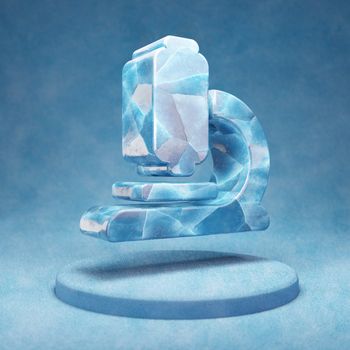 Microscope icon. Cracked blue Ice Microscope symbol on blue snow podium. Social Media Icon for website, presentation, design template element. 3D render.