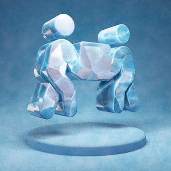 People Carry icon. Cracked blue Ice People Carry symbol on blue snow podium. Social Media Icon for website, presentation, design template element. 3D render.