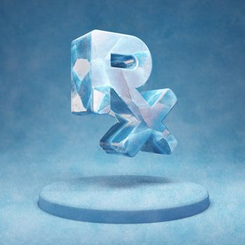 Prescription icon. Cracked blue Ice Prescription symbol on blue snow podium. Social Media Icon for website, presentation, design template element. 3D render.