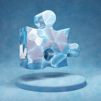 Puzzle icon. Cracked blue Ice Puzzle symbol on blue snow podium. Social Media Icon for website, presentation, design template element. 3D render.