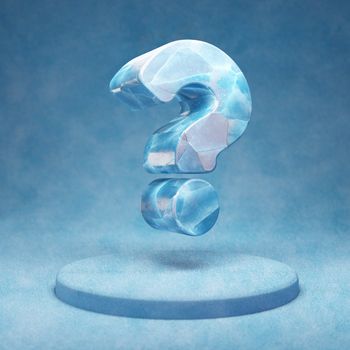 Question icon. Cracked blue Ice Question symbol on blue snow podium. Social Media Icon for website, presentation, design template element. 3D render.