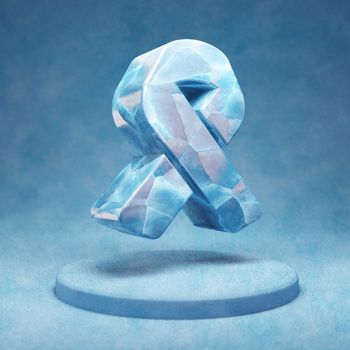 Ribbon icon. Cracked blue Ice Ribbon symbol on blue snow podium. Social Media Icon for website, presentation, design template element. 3D render.