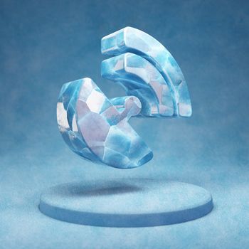 Satelite Dish icon. Cracked blue Ice Satelite Dish symbol on blue snow podium. Social Media Icon for website, presentation, design template element. 3D render.