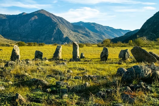 Altai Stonehenge. The stones are standing upright. Altai Mountains.