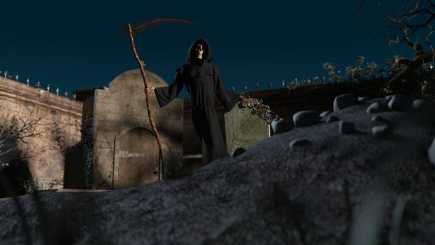 A graveyard and death skeleton in the hood standing on it with a scythe on a night background - 3d rendering