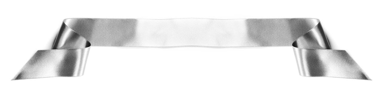 Silver satin ribbon banner with copy space isolated on white background