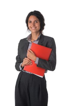 Portrait of young business woman with red document folder studio isolated on white background