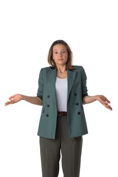 Portrait of confused clueless fruastrated business woman shrug hands isolated on white background