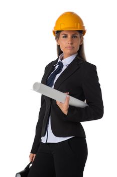 Portrait of female engeneer architect in yellow hardhat and business suit holding blueprint isolated on white background