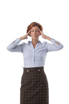 Portrait of young business woman with headache studio isolated on white background, business people