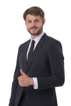 Portrait of serious business man with thumb up gesture isolated on white background