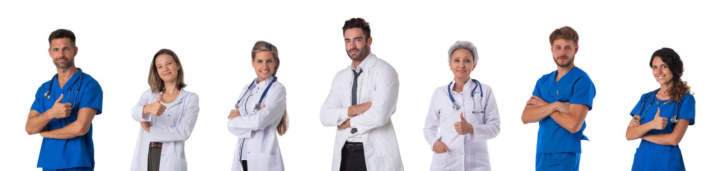 Collection of portraits of medical doctors. Design element, studio isolated on white background