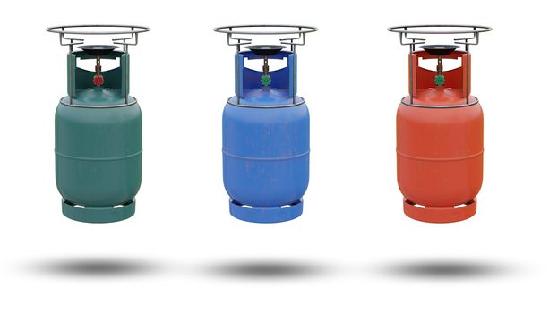 A set of LPG or butane gas is packaged in a steel tank in the shape of a cylinder. It is a gas that is heated in cooking or various industrial applications. isolate on white background. 3D rendering.