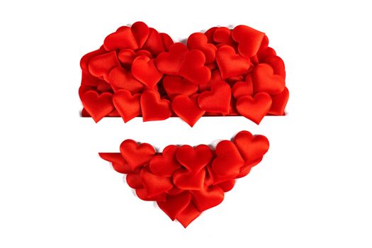 Valentine's day many red silk hearts isolated on white background, love concept