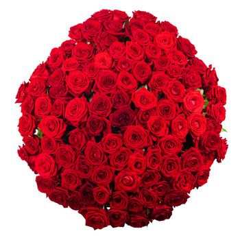 Beautiful red roses bouquet isolated on white top view