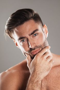 Closeup portrait of a beautiful male model, caucasian man with dark hair and gray eyes holding chin