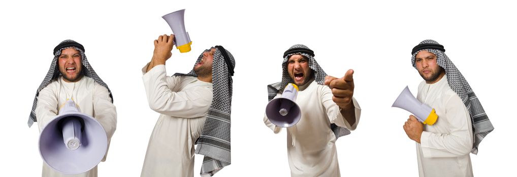 Arab man with loudspeaker isolated on white