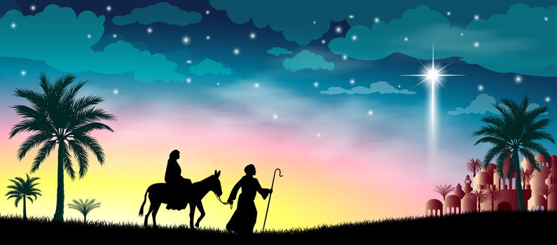 Virgin Mary and Joseph against the background of the Star of Bethlehem. Their journey. Desert, starry sky, city of Bethlehem. The biblical scene on the eve of the birth of Jesus. Christmas.