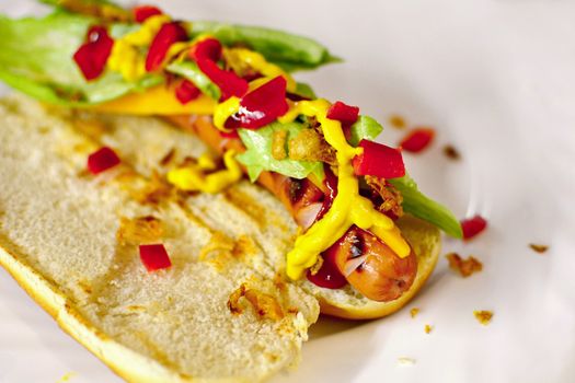 Closeup of unfinished hot dog with many other ingredients, mustard, ketchup, salad, fried onion, red pepper.