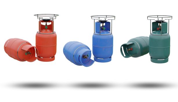 A set of LPG or butane gas is packaged in a steel tank in the shape of a cylinder. It is a gas that is heated in cooking or various industrial applications. isolate on white background. 3D rendering.