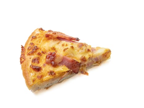 The close up of delicious sliced ham and cheese pizza fast food on white background.