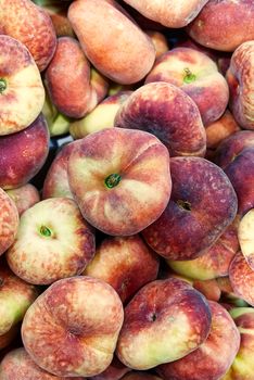 Fresh Organic Flat Peaches Heap Of Fresh Ripe Peaches At Market