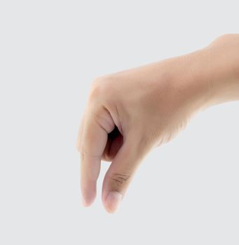 Closeup hand of man gesture picking up something isolated on white background, presenting advertisement and offer, choice of business, communication concept.