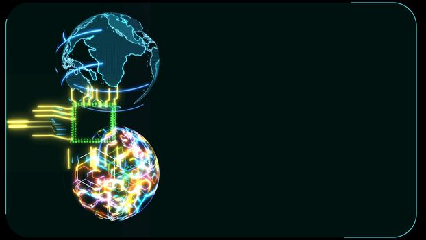 Quantum computer intelligent chip futuristic connect technilogy digital holographic and scan earth map to process and analysis