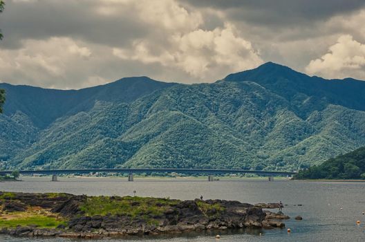 The lake and hills in the evening