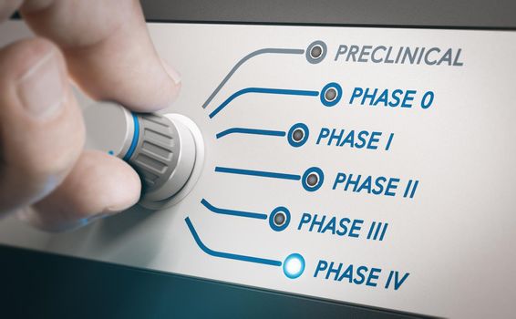 Hand turning knob to select phases of vaccine clinical trial. Focus on postmarketing surveillance stage. Composite image between a hand photography and a 3D background.