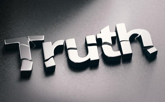 3D illustration of the word truth broken over black background. Concept of disinformation and fake news.