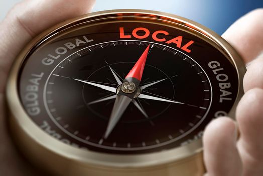 Hand holding a compass with needle pointing the word local. Consumption concept. Composite image between a hand photography and a 3D background.