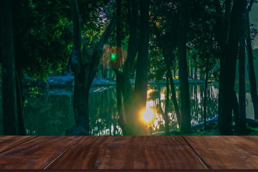 morning sunlight on lake pond in park.