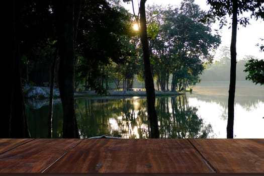 morning sunlight through tree. lake pond in park.