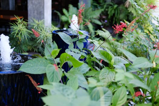 fountain on blue water jar decorating in garden