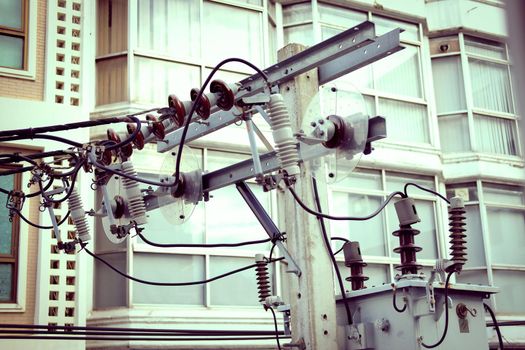 electricity supply pole and electric transformers.